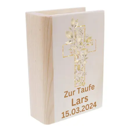 Personalisierte Spardose zur Taufe | Taufgeschenk für Kinder | Kreuz mit Blumen